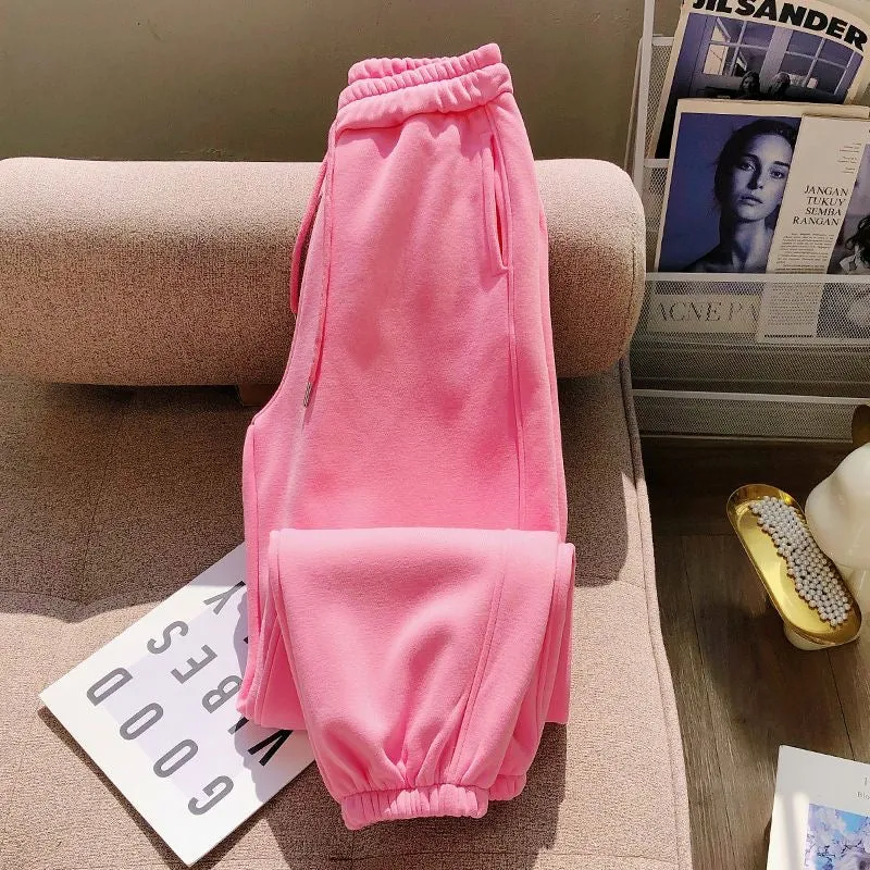 2024 New Women's Pink Jogger Sweatpants – Korean Style, Slim Fit, Elastic Waist