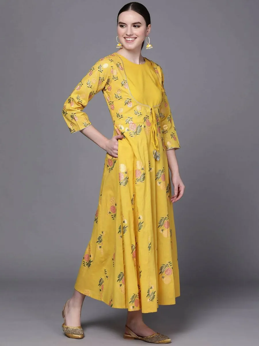 Ahalyaa Women Yellow Floral Fit & Flare Maxi Ethnic Dress