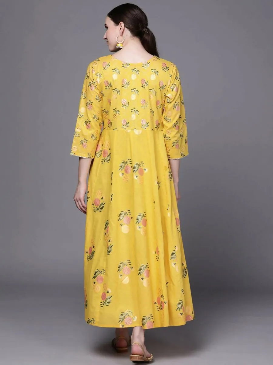 Ahalyaa Women Yellow Floral Fit & Flare Maxi Ethnic Dress
