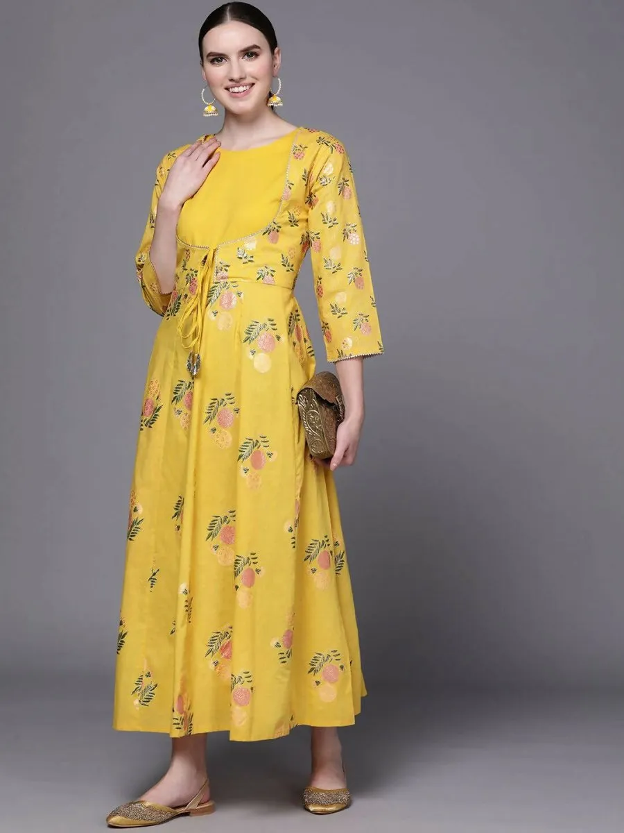 Ahalyaa Women Yellow Floral Fit & Flare Maxi Ethnic Dress