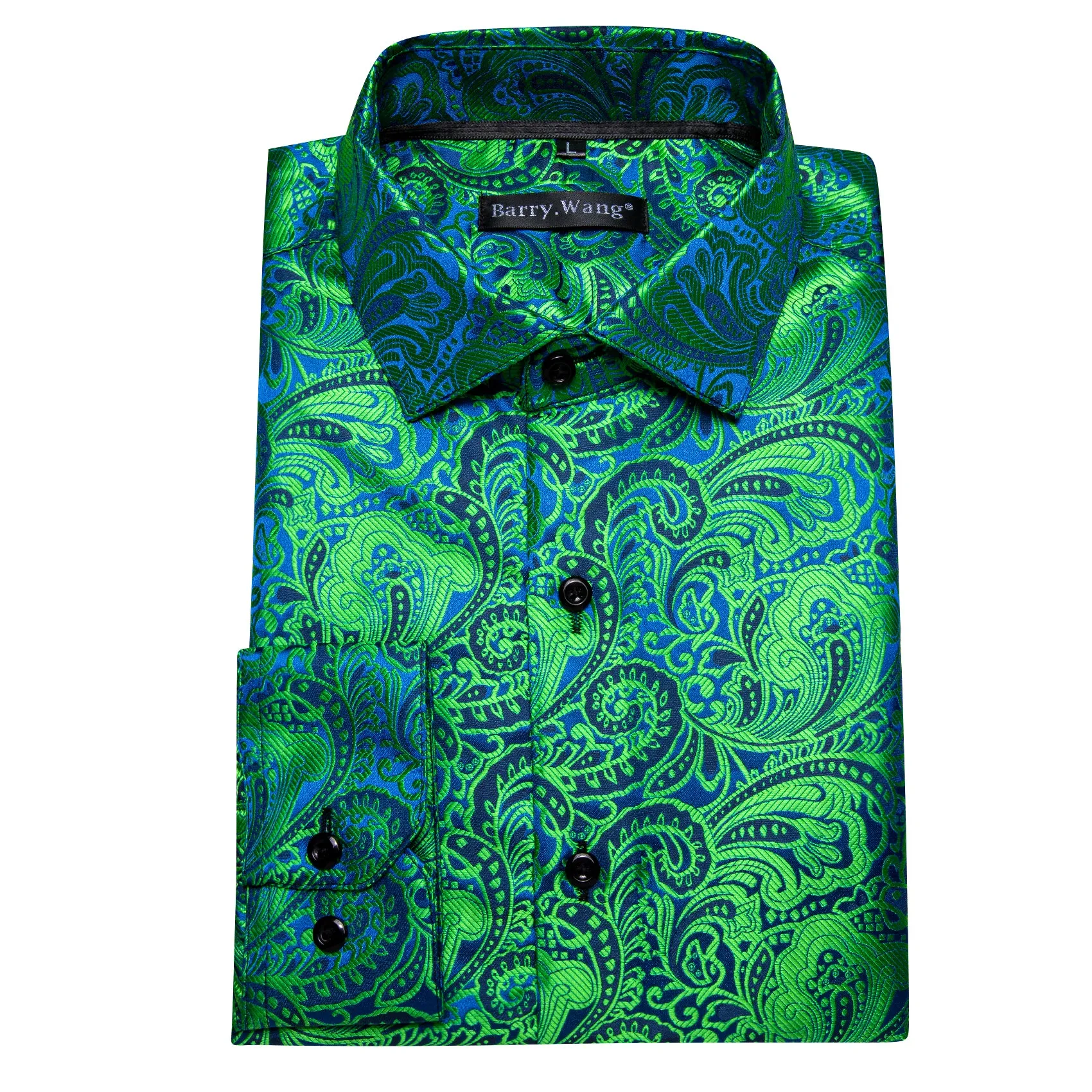 Barry Wang Green Blue Teal Paisley Silk Men's Long Sleeve Dress Shirt