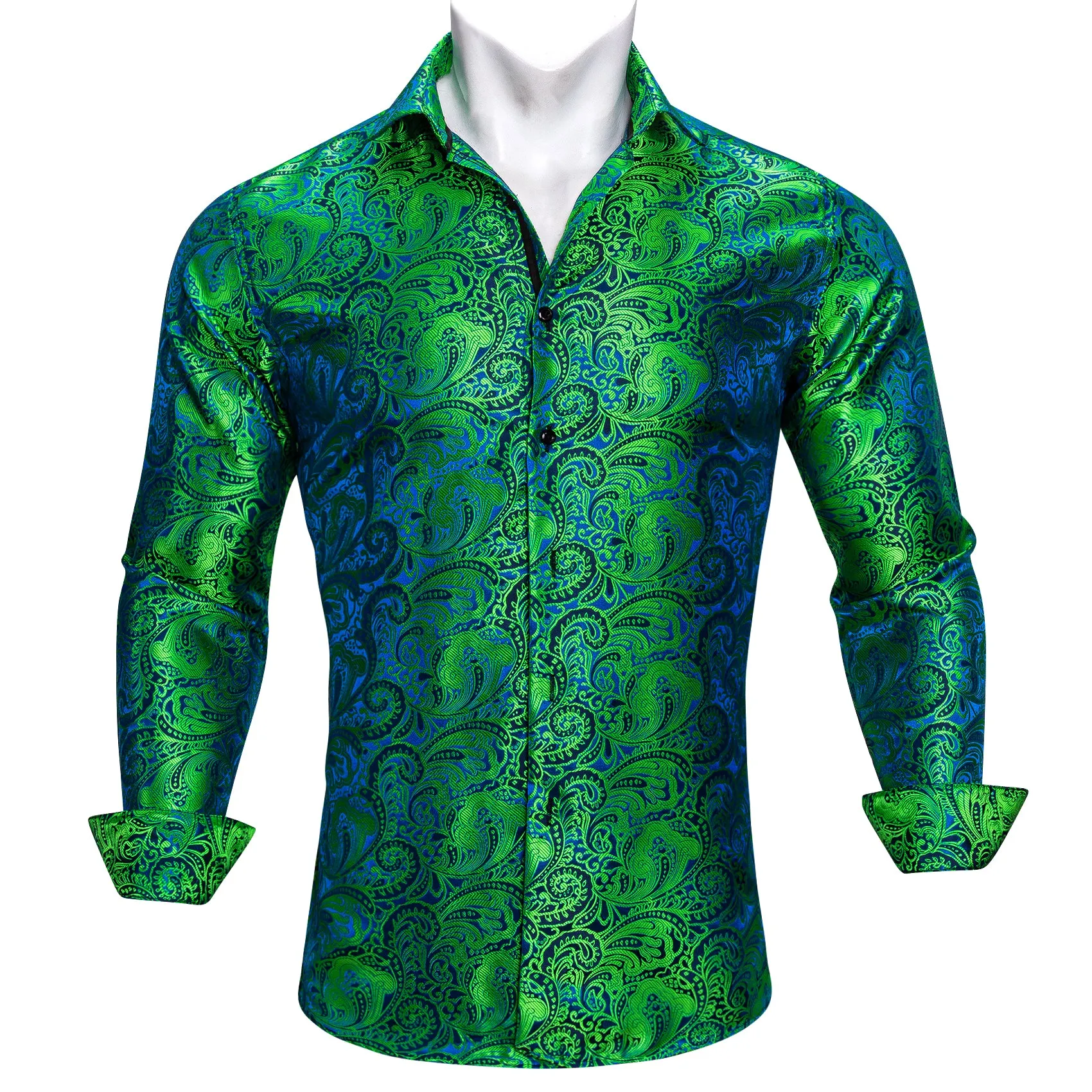 Barry Wang Green Blue Teal Paisley Silk Men's Long Sleeve Dress Shirt