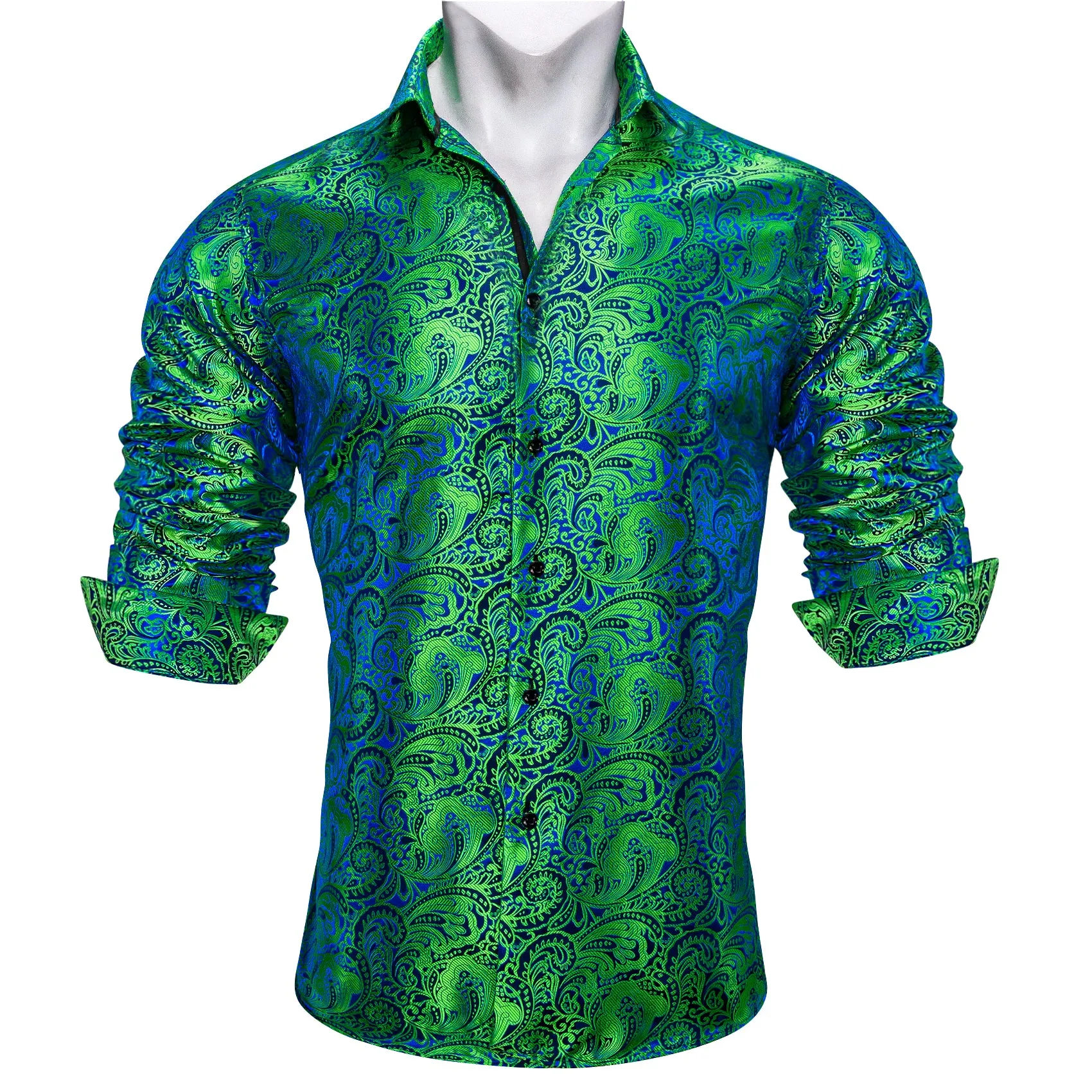 Barry Wang Green Blue Teal Paisley Silk Men's Long Sleeve Dress Shirt