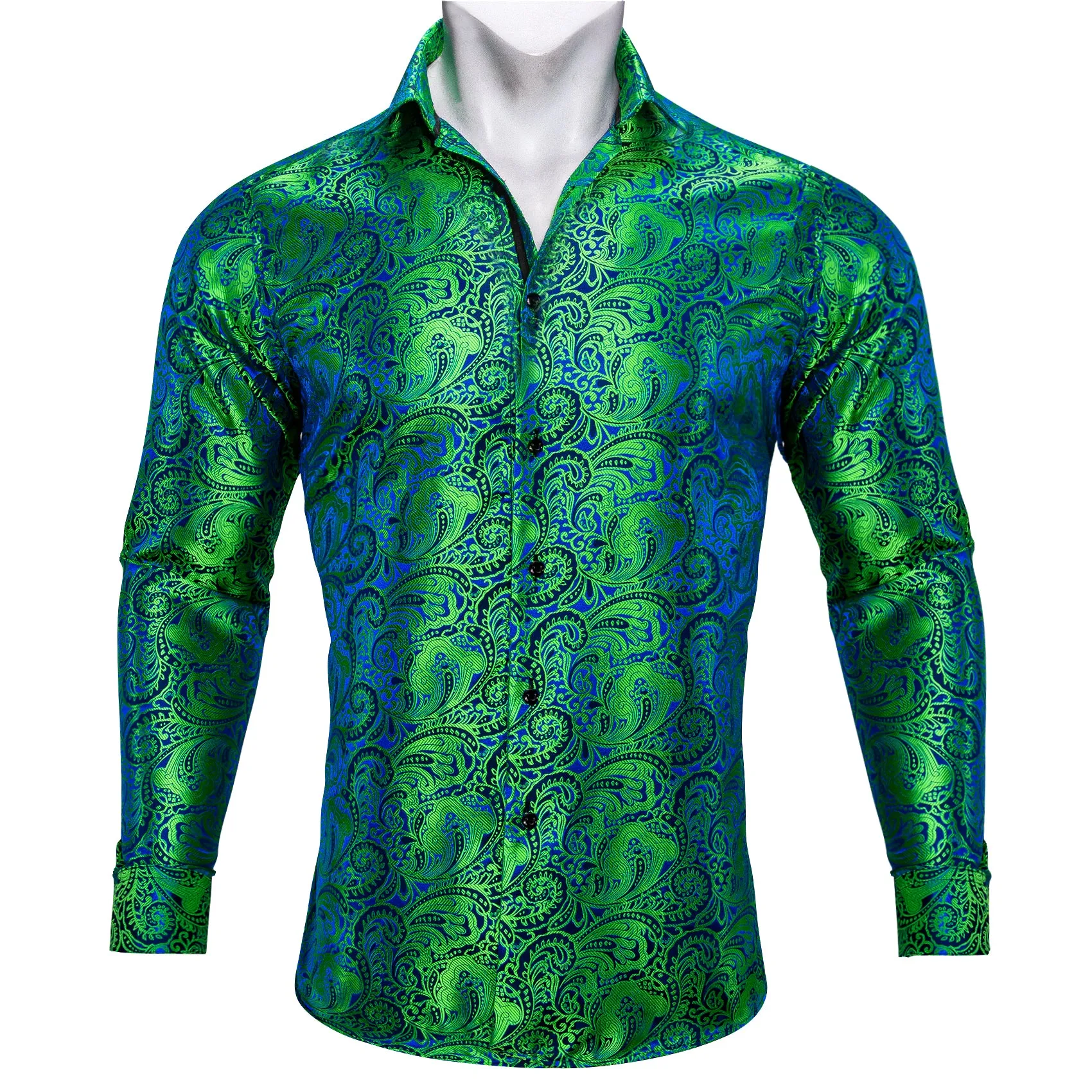 Barry Wang Green Blue Teal Paisley Silk Men's Long Sleeve Dress Shirt