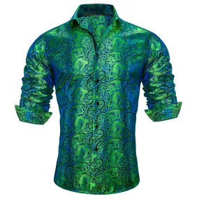 Barry Wang Green Blue Teal Paisley Silk Men's Long Sleeve Dress Shirt