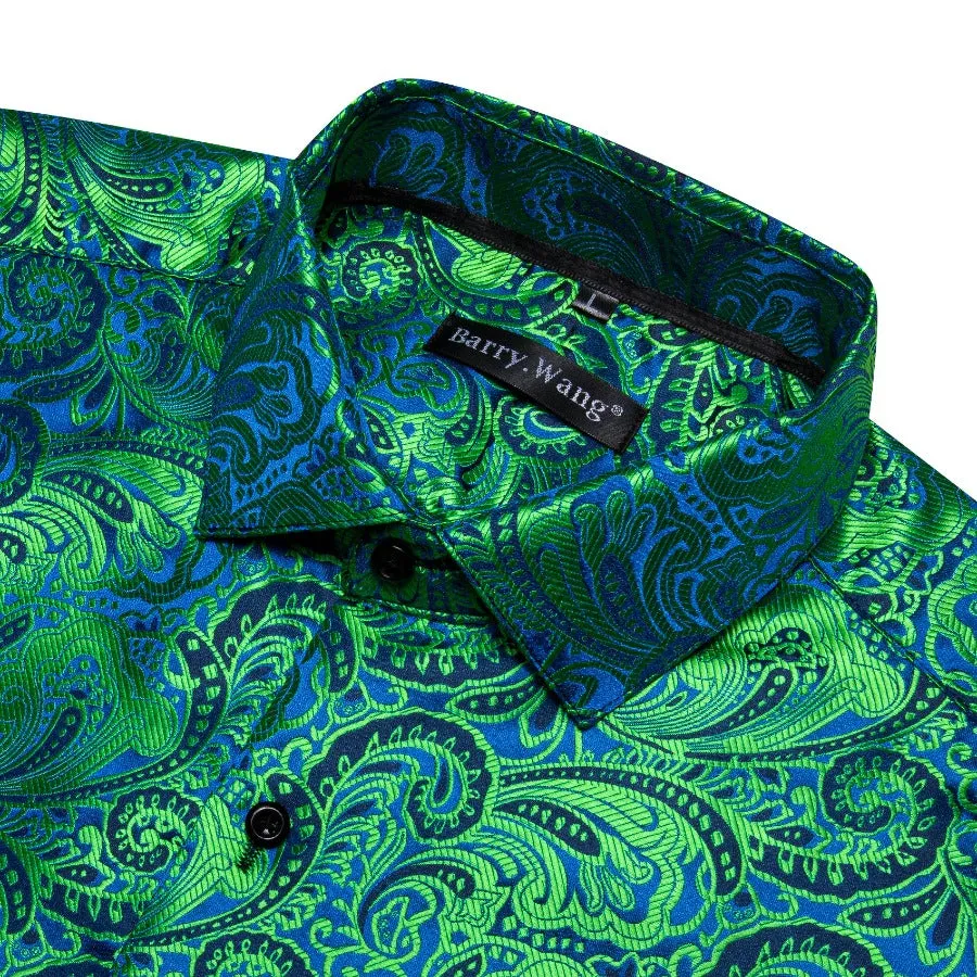 Barry Wang Green Blue Teal Paisley Silk Men's Long Sleeve Dress Shirt
