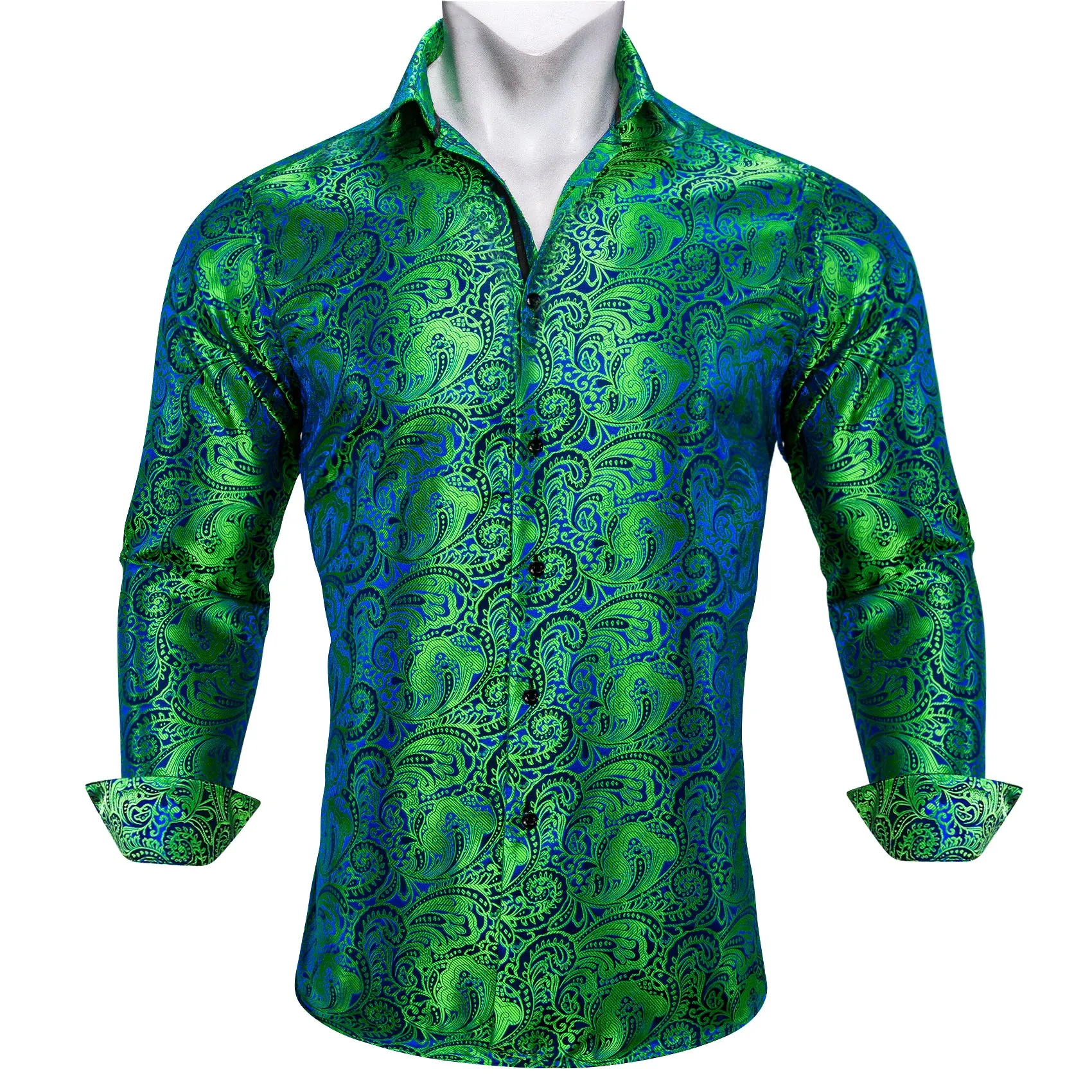 Barry Wang Green Blue Teal Paisley Silk Men's Long Sleeve Dress Shirt