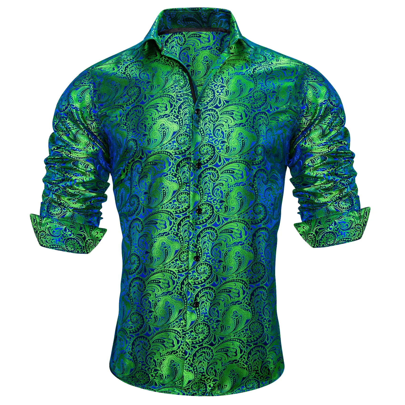 Barry Wang Green Blue Teal Paisley Silk Men's Long Sleeve Dress Shirt