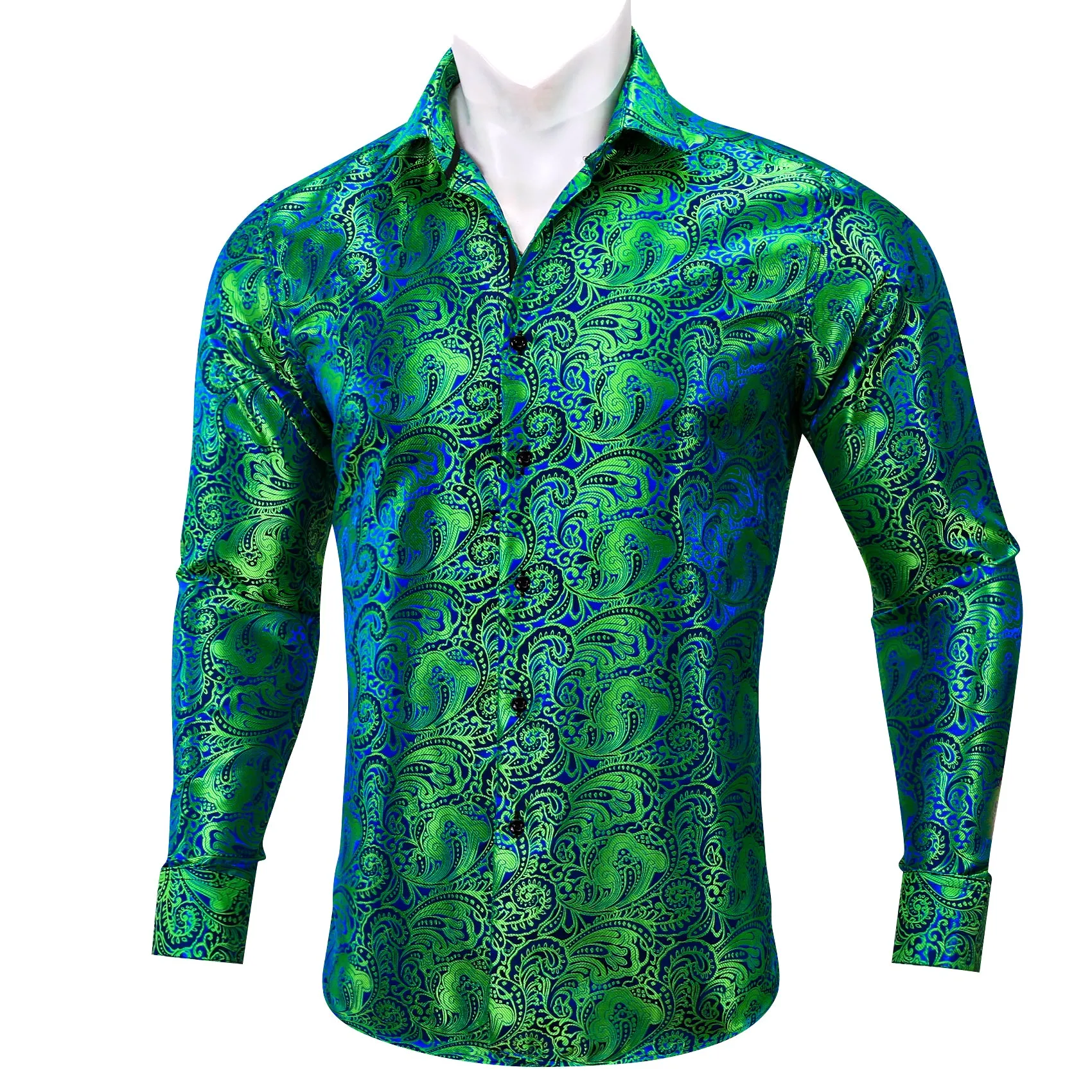 Barry Wang Green Blue Teal Paisley Silk Men's Long Sleeve Dress Shirt