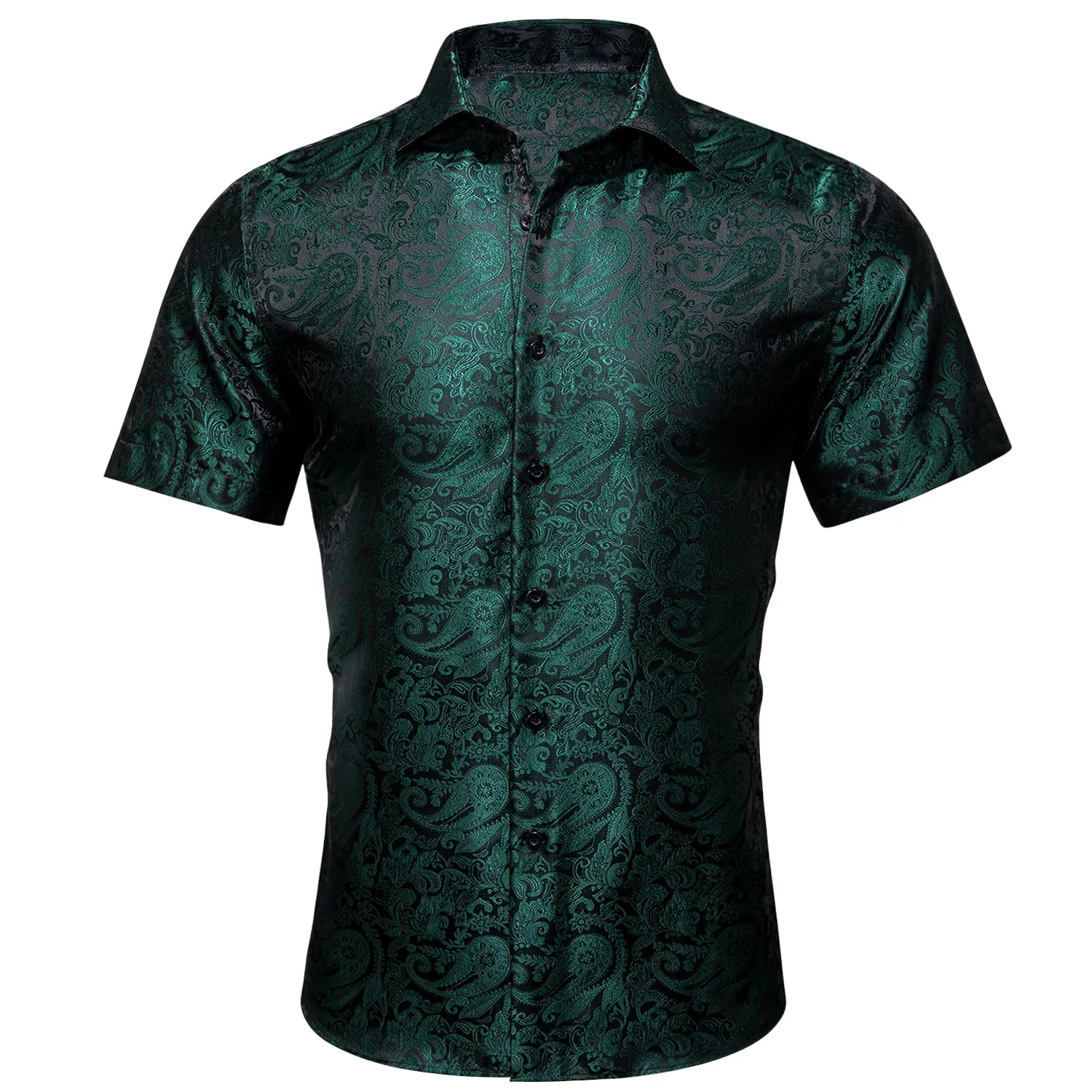 Barry Wang Green Shirt Silk Paisley Short Sleeve Slim Fit Men's Shirt
