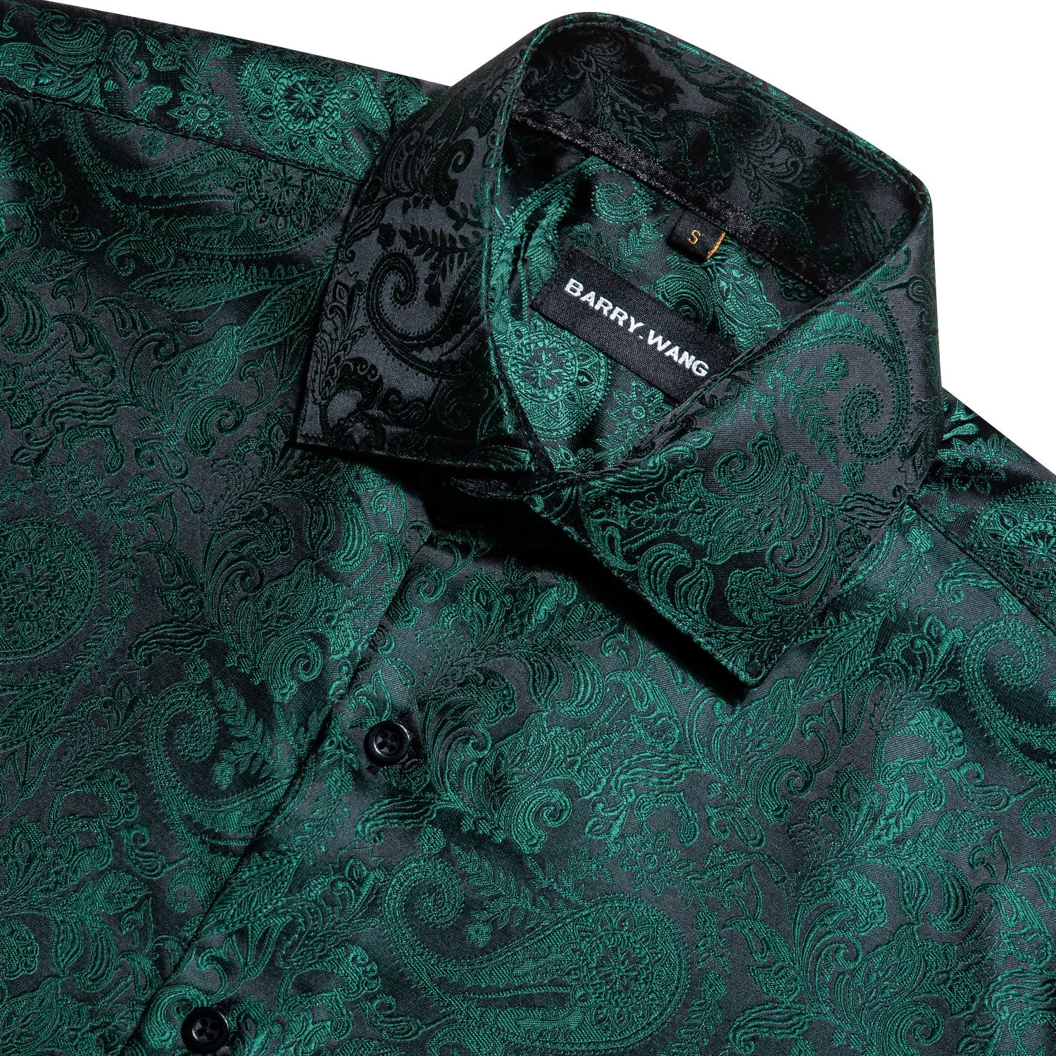 Barry Wang Green Shirt Silk Paisley Short Sleeve Slim Fit Men's Shirt