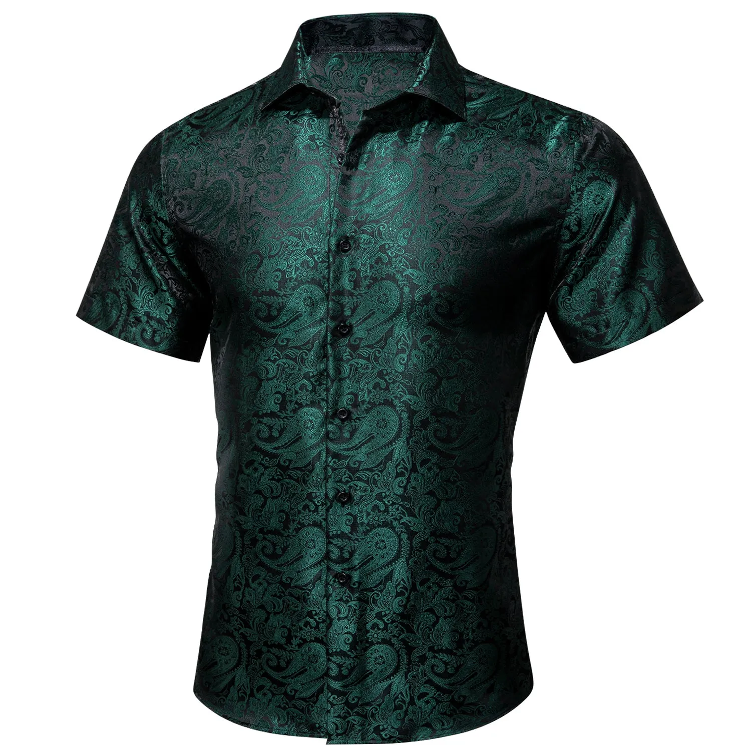 Barry Wang Green Shirt Silk Paisley Short Sleeve Slim Fit Men's Shirt