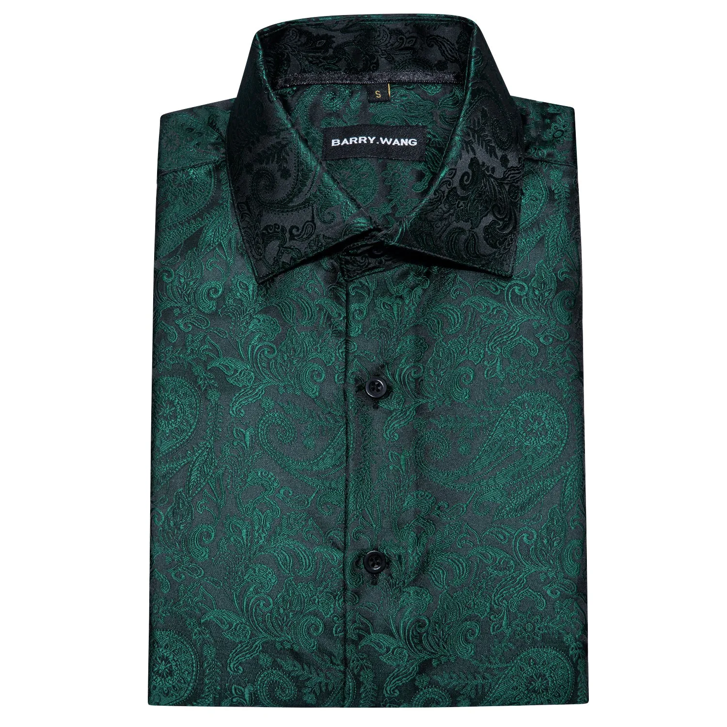 Barry Wang Green Shirt Silk Paisley Short Sleeve Slim Fit Men's Shirt