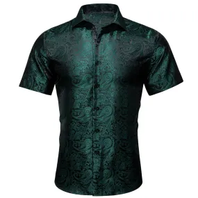 Barry Wang Green Shirt Silk Paisley Short Sleeve Slim Fit Men's Shirt