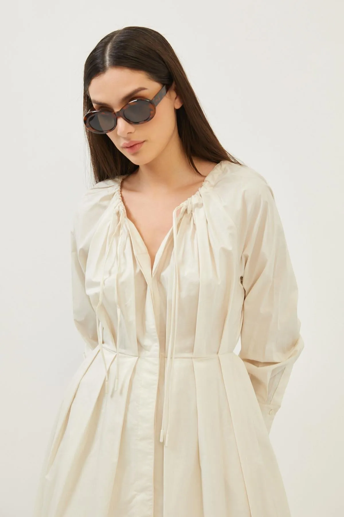 Beige Cotton Long Sleeve Maxi Dress