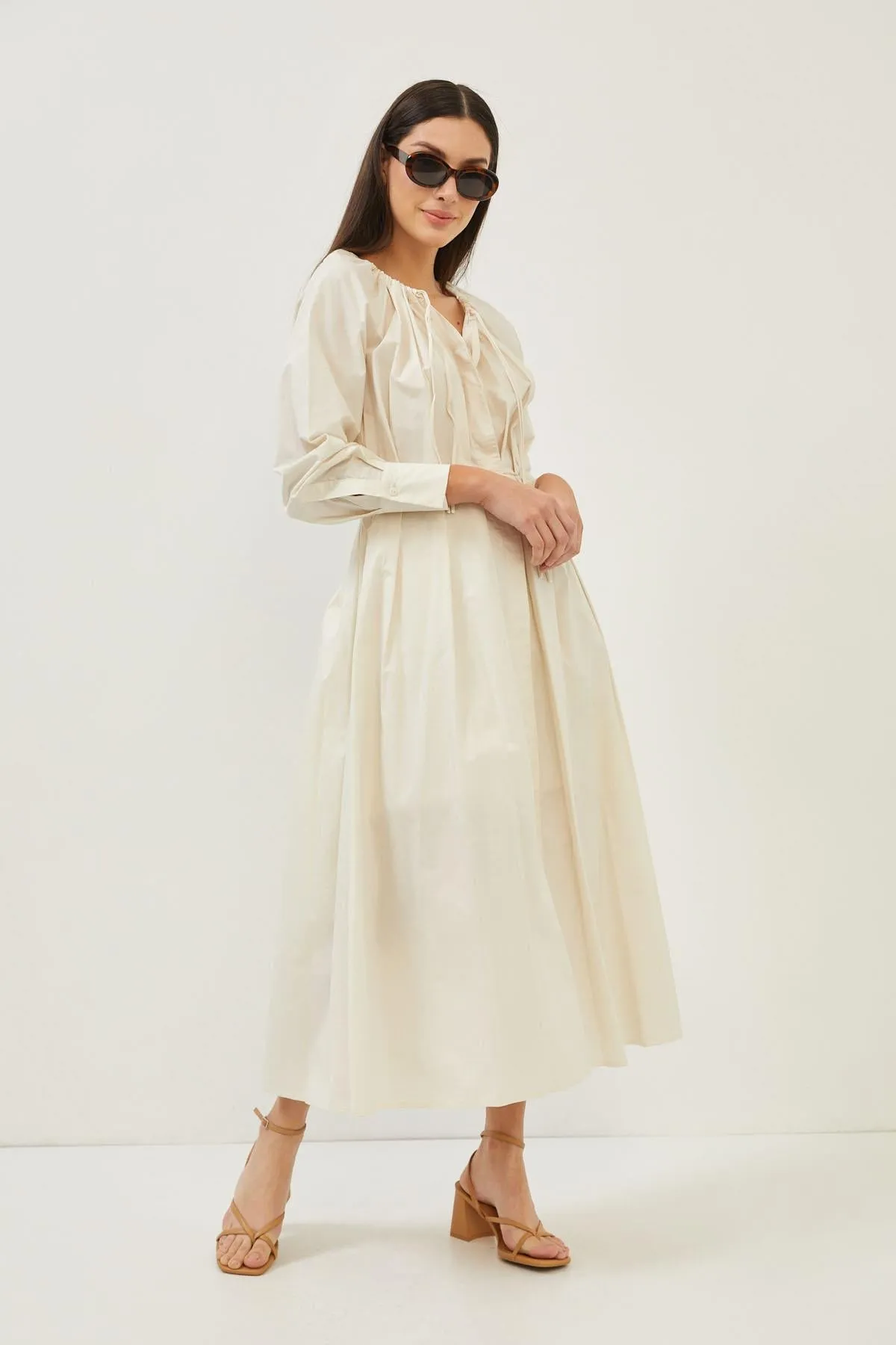Beige Cotton Long Sleeve Maxi Dress