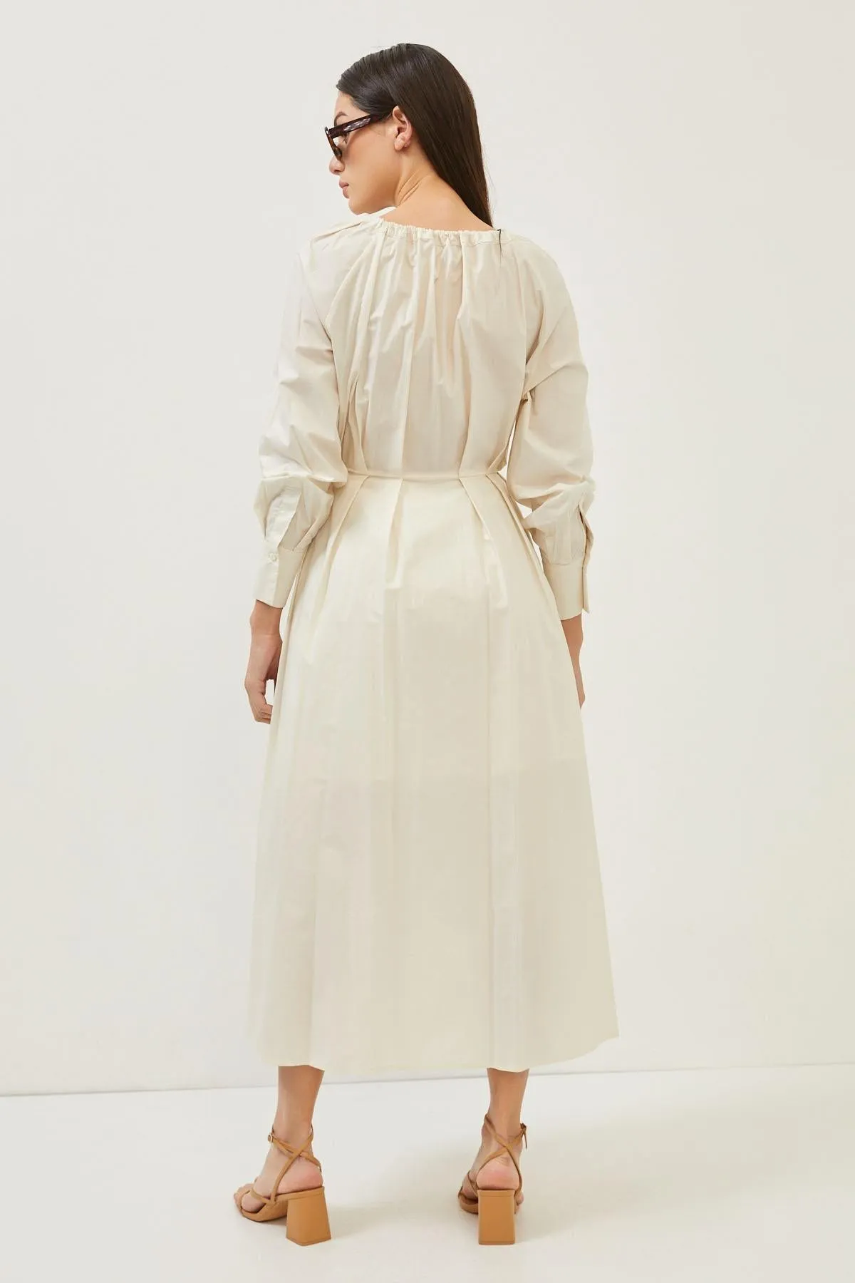 Beige Cotton Long Sleeve Maxi Dress