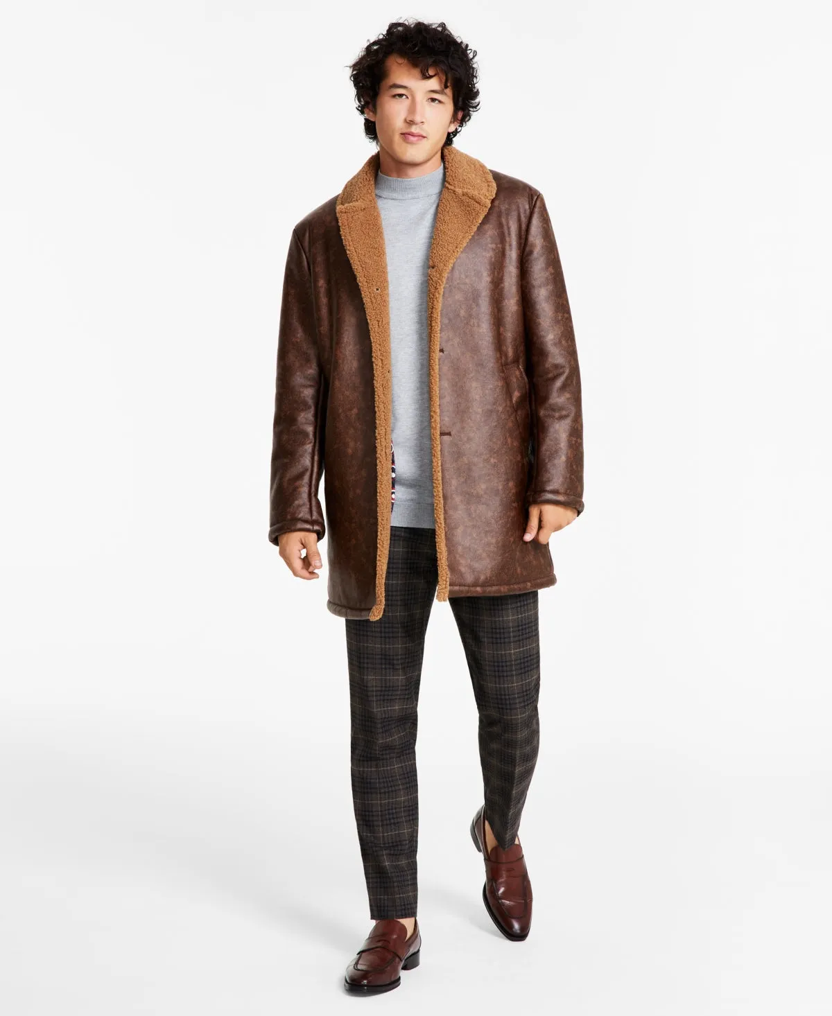 Ben Sherman Mens Shearling Overcoat Coat 38 Brown Solid