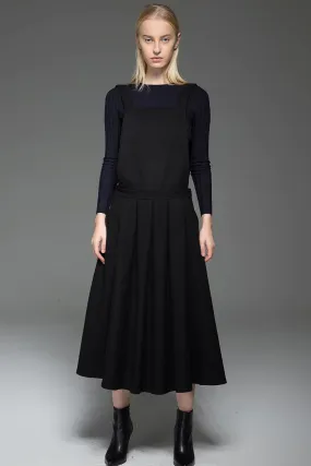 Black Dress, wool dress, Pinafore Wool Modern loose casual  Midi Length Flared Skirt & Braces Straps Dress 2016 Fashion Season C777