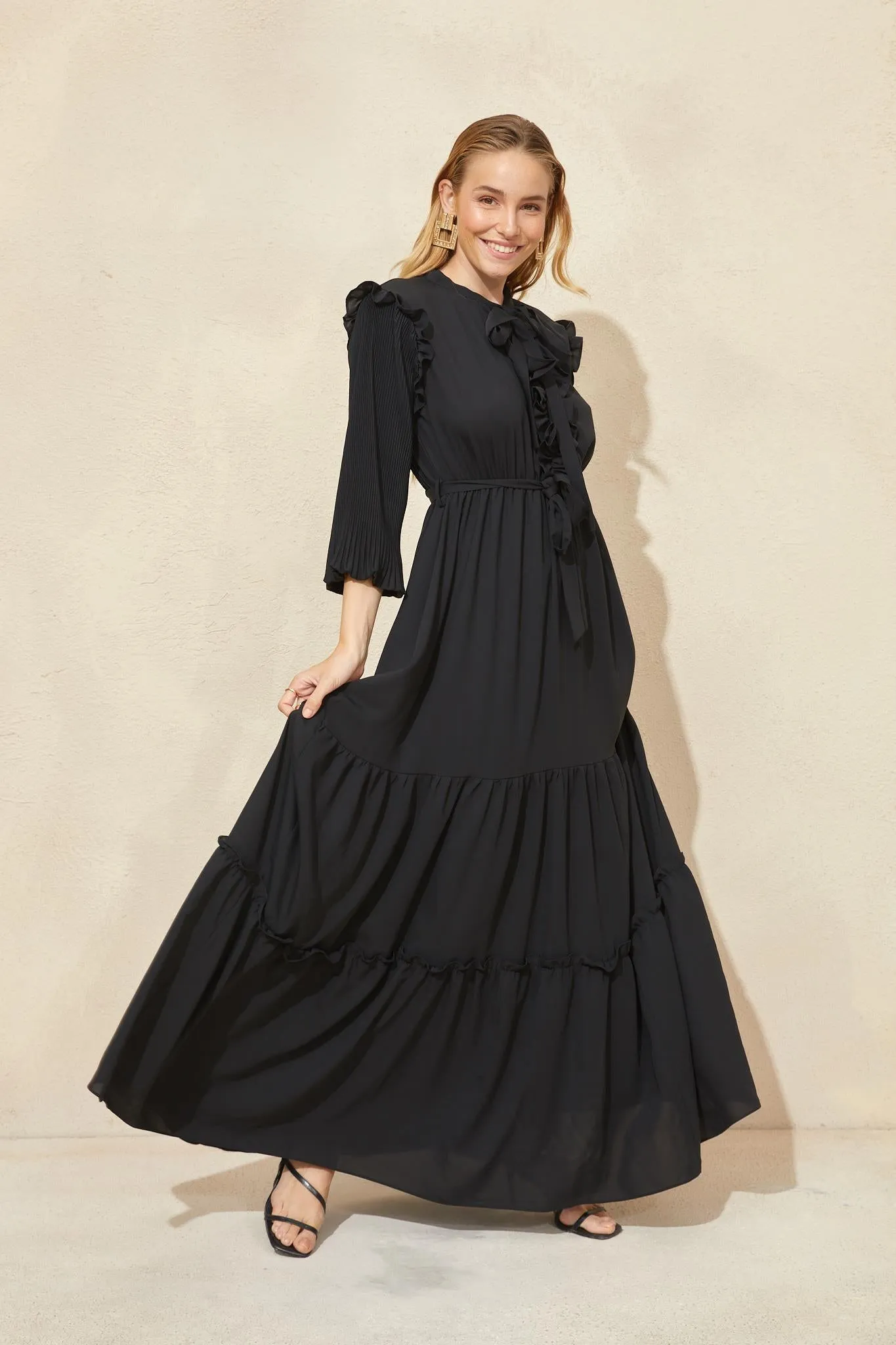 Black Neck Bow Frill Detail Maxi Dress