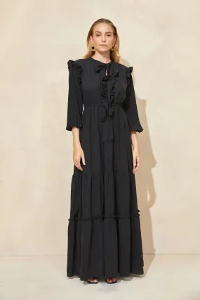 Black Neck Bow Frill Detail Maxi Dress