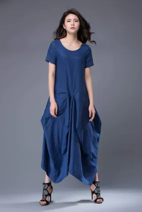 Blue Linen Dress - Lagenlook Long Maxi Short-Sleeved Loose-Fitting Asymmetrical Designer Dress with Large Pockets C883