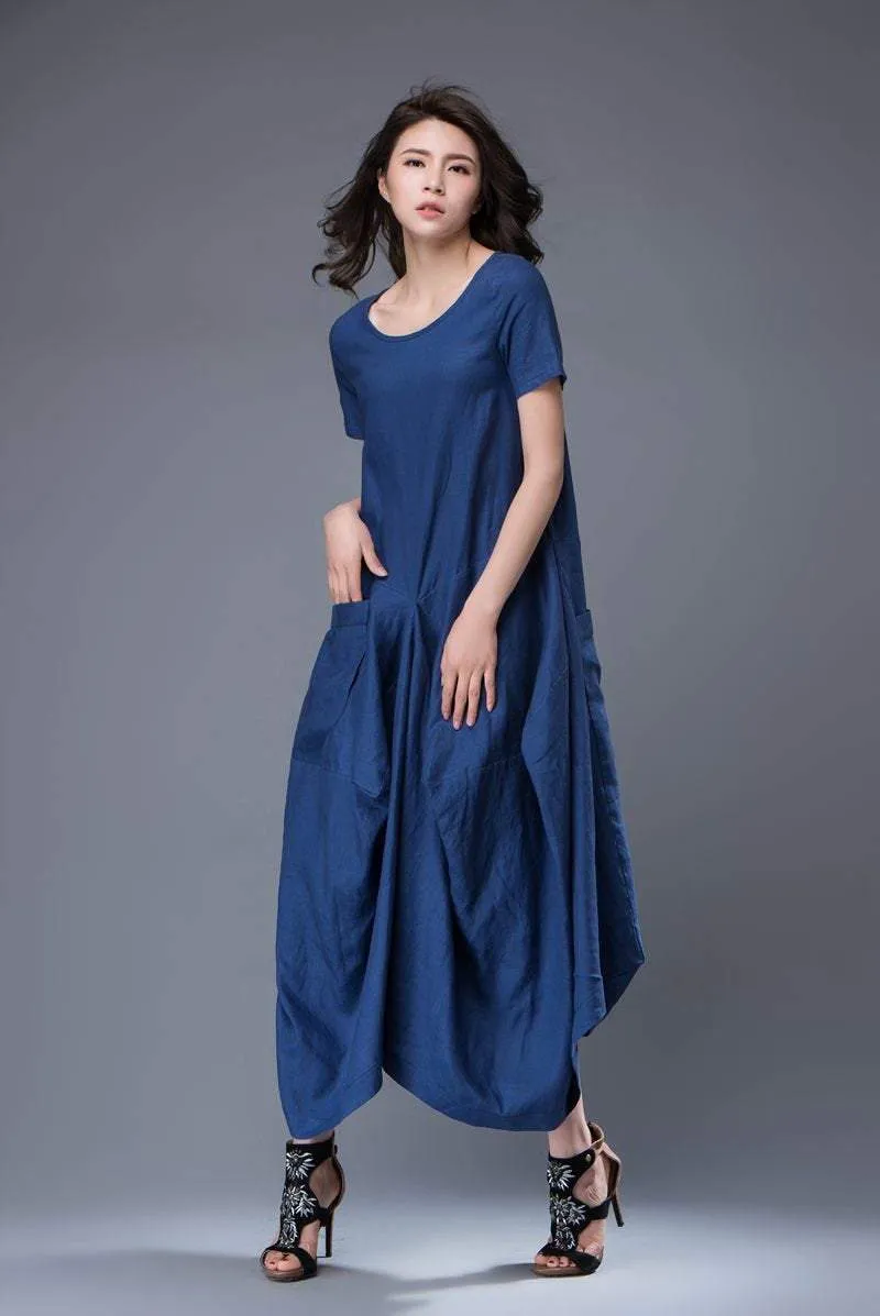 Blue Linen Dress - Lagenlook Long Maxi Short-Sleeved Loose-Fitting Asymmetrical Designer Dress with Large Pockets C883