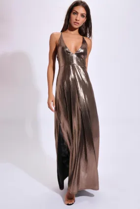 Bronze/Foil Plunge Front Maxi Dress