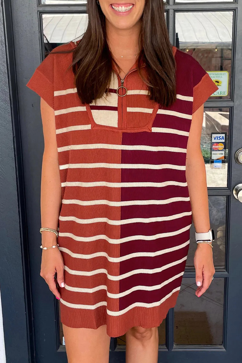Brown Stripe Color Block Quarter Zip Collar Short Sleeve Sweater Dress