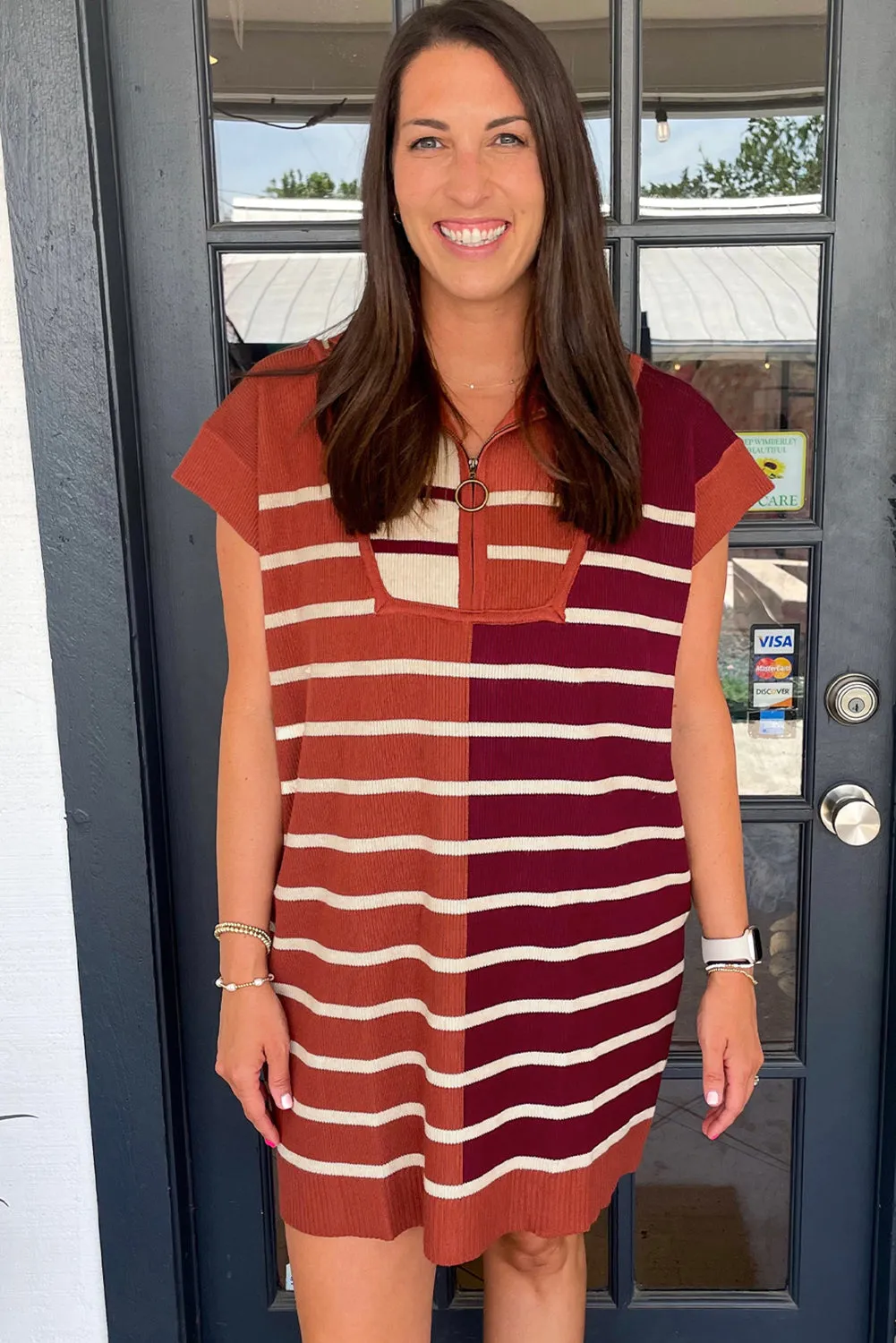 Brown Stripe Color Block Quarter Zip Collar Short Sleeve Sweater Dress