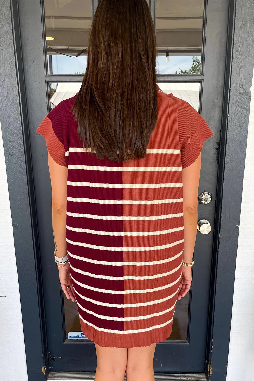 Brown Stripe Color Block Quarter Zip Collar Short Sleeve Sweater Dress