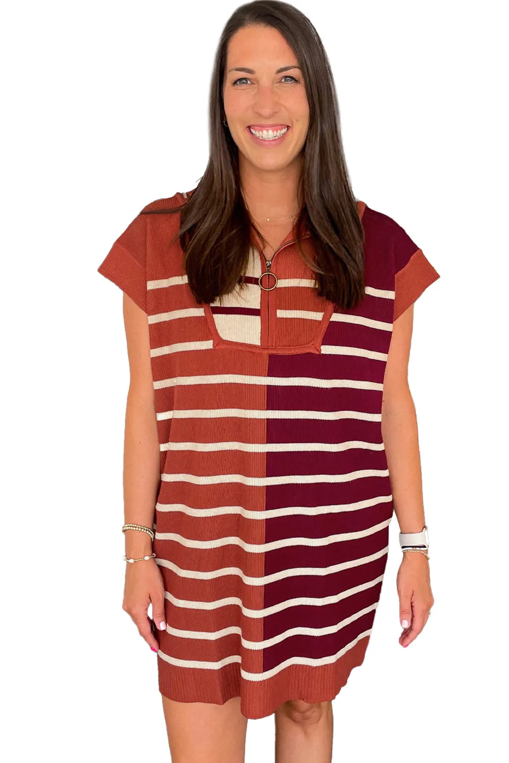 Brown Stripe Color Block Quarter Zip Collar Short Sleeve Sweater Dress