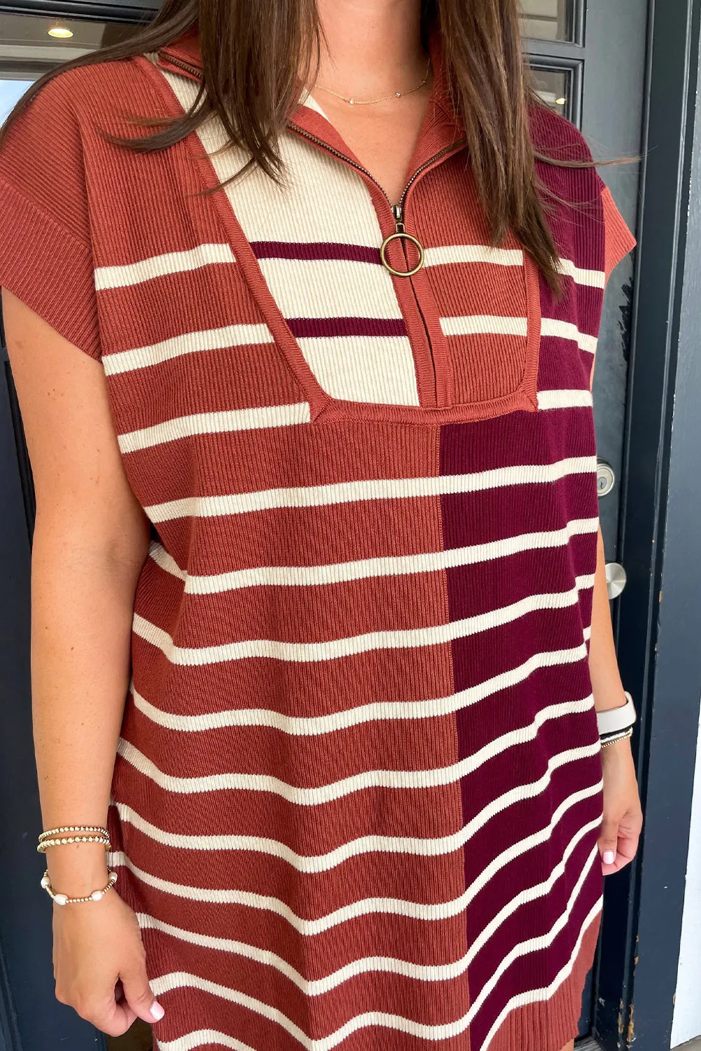 Brown Stripe Color Block Quarter Zip Collar Short Sleeve Sweater Dress