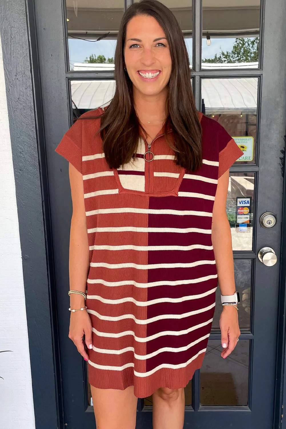 Brown Stripe Color Block Quarter Zip Collar Short Sleeve Sweater Dress