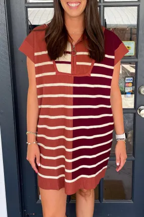 Brown Stripe Color Block Quarter Zip Collar Short Sleeve Sweater Dress