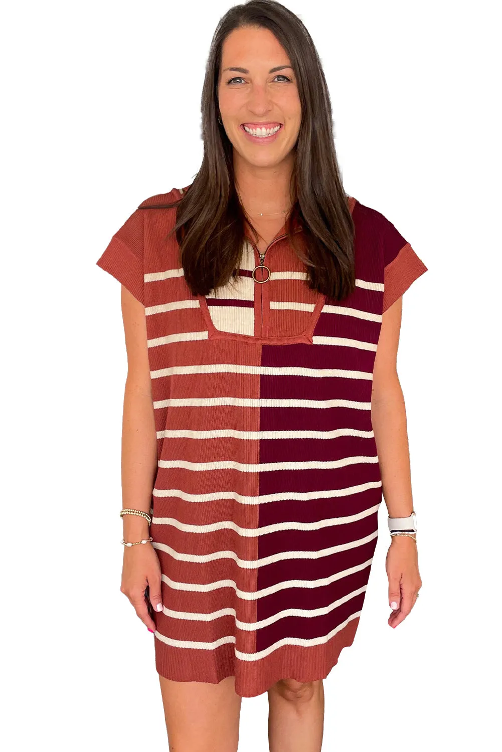 Brown Stripe Color Block Quarter Zip Collar Short Sleeve Sweater Dress