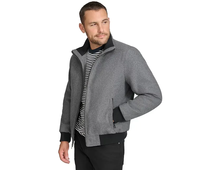 Calvin Klein Men's Wool Bomber Jacket With Knit Trim Charcoal Grey Large