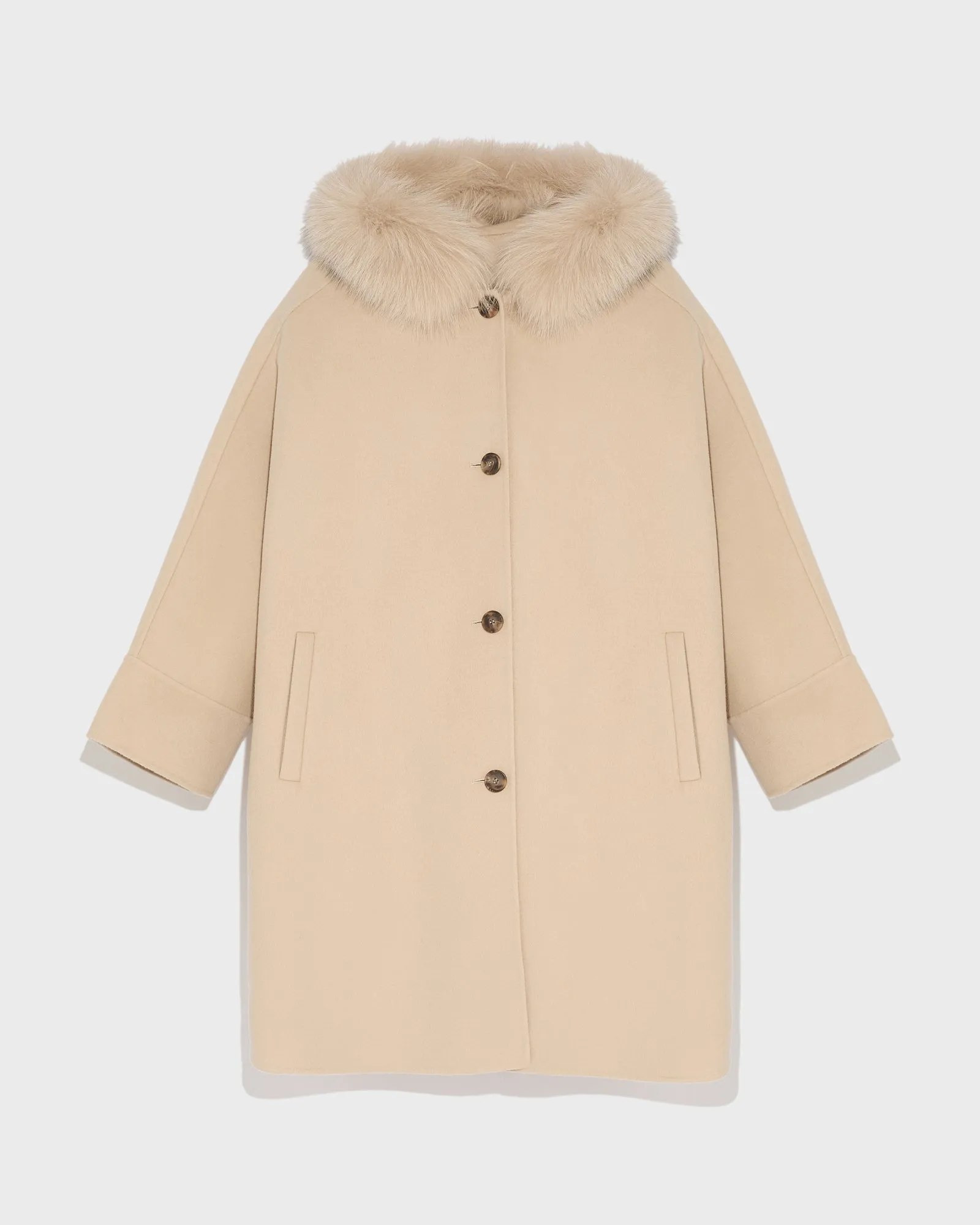 Cashmere blend hooded cape with fox trim