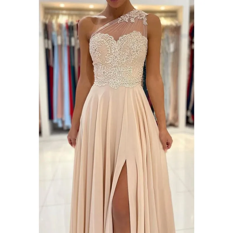 Chic One Shoulder Lace Appliques Chiffon Champagne Formal Evening Dress with Slit