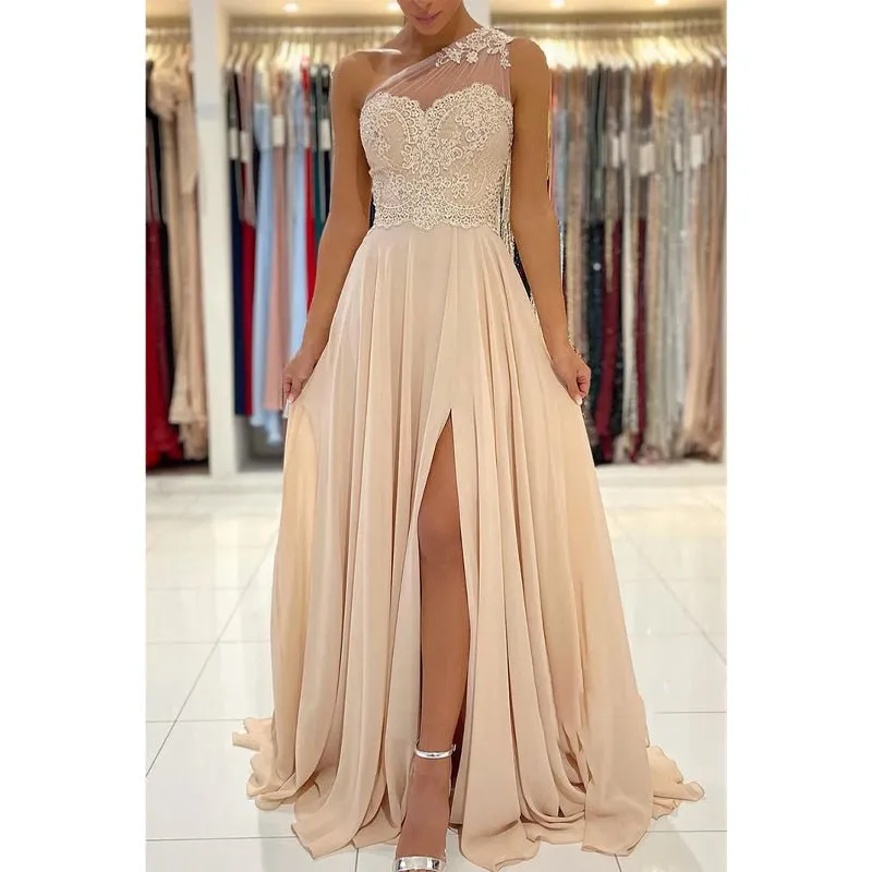Chic One Shoulder Lace Appliques Chiffon Champagne Formal Evening Dress with Slit