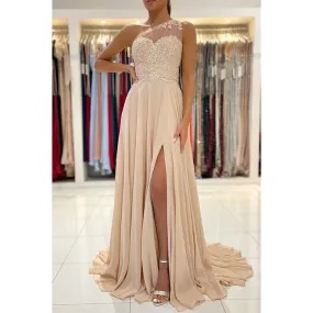 Chic One Shoulder Lace Appliques Chiffon Champagne Formal Evening Dress with Slit