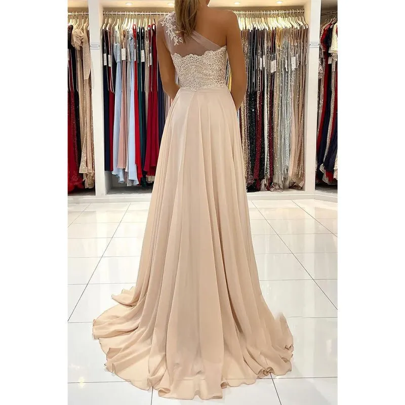 Chic One Shoulder Lace Appliques Chiffon Champagne Formal Evening Dress with Slit