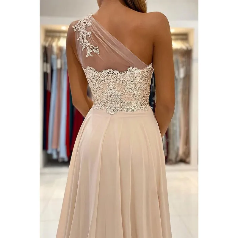 Chic One Shoulder Lace Appliques Chiffon Champagne Formal Evening Dress with Slit