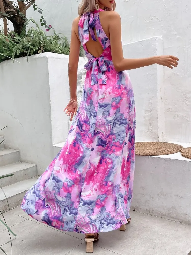 Cotton Candy Halter Mix Print Maxi Dress