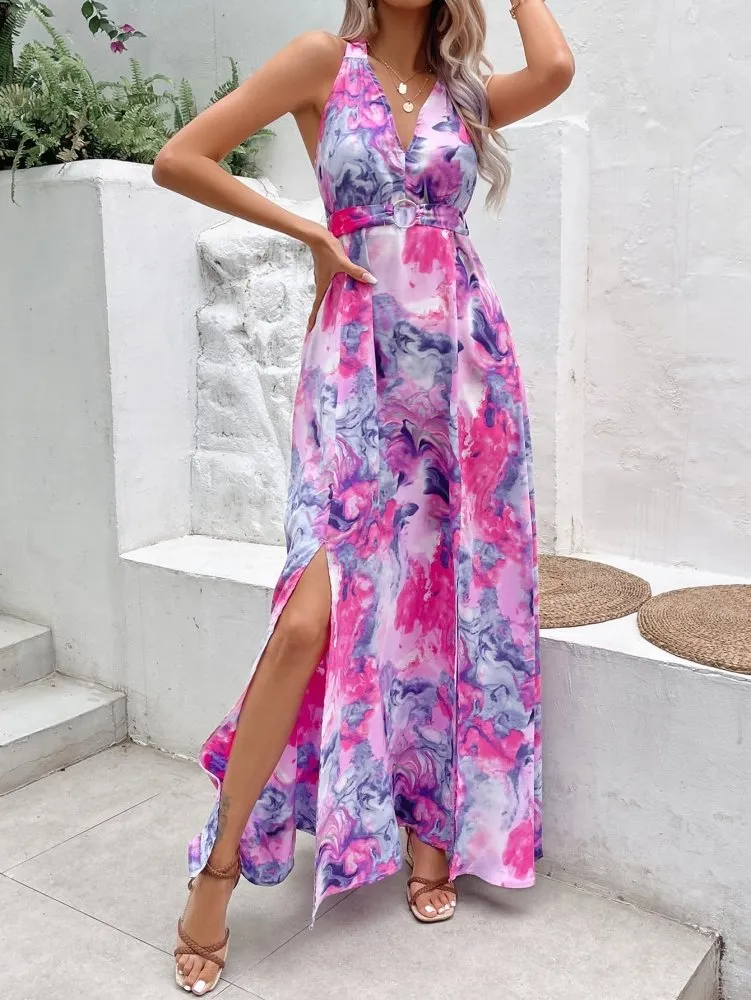 Cotton Candy Halter Mix Print Maxi Dress