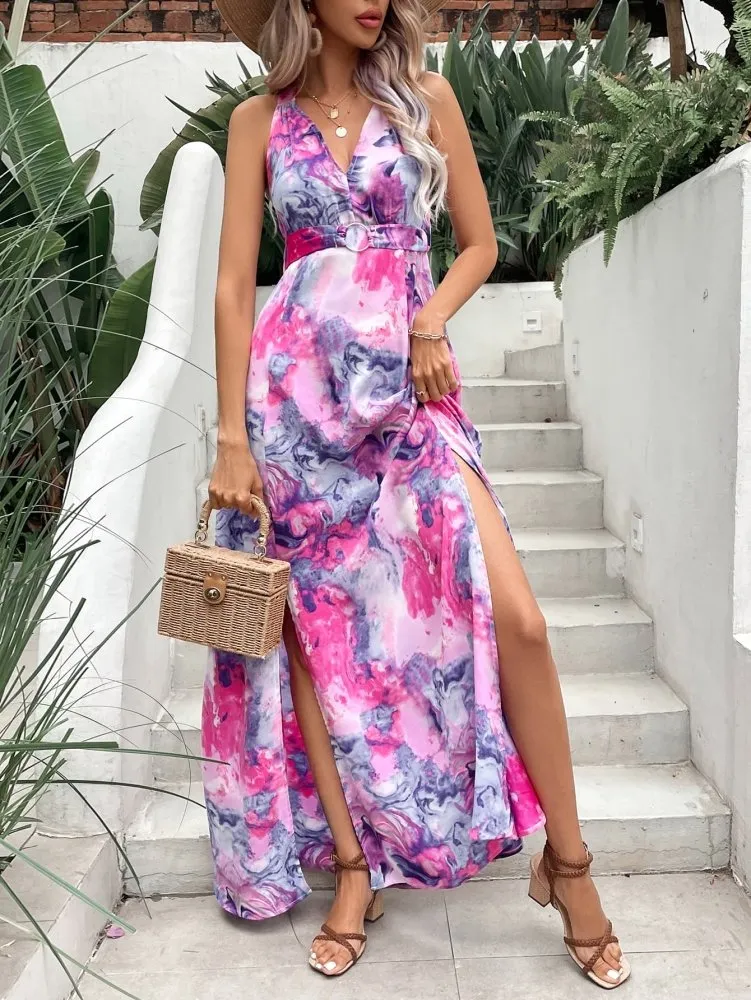 Cotton Candy Halter Mix Print Maxi Dress