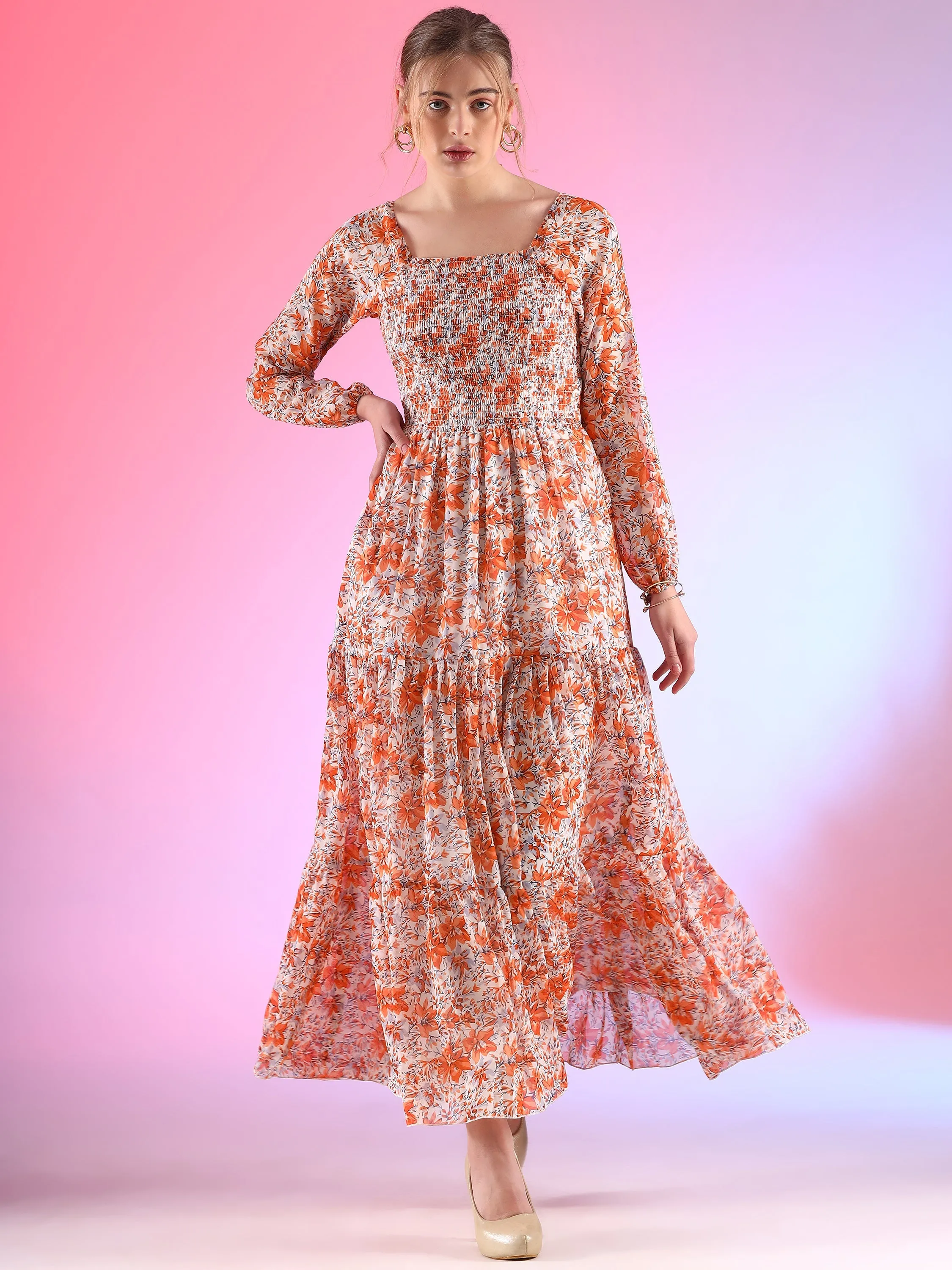 Elegant Floral Printed Georgette Fit and Flare Maxi Dress