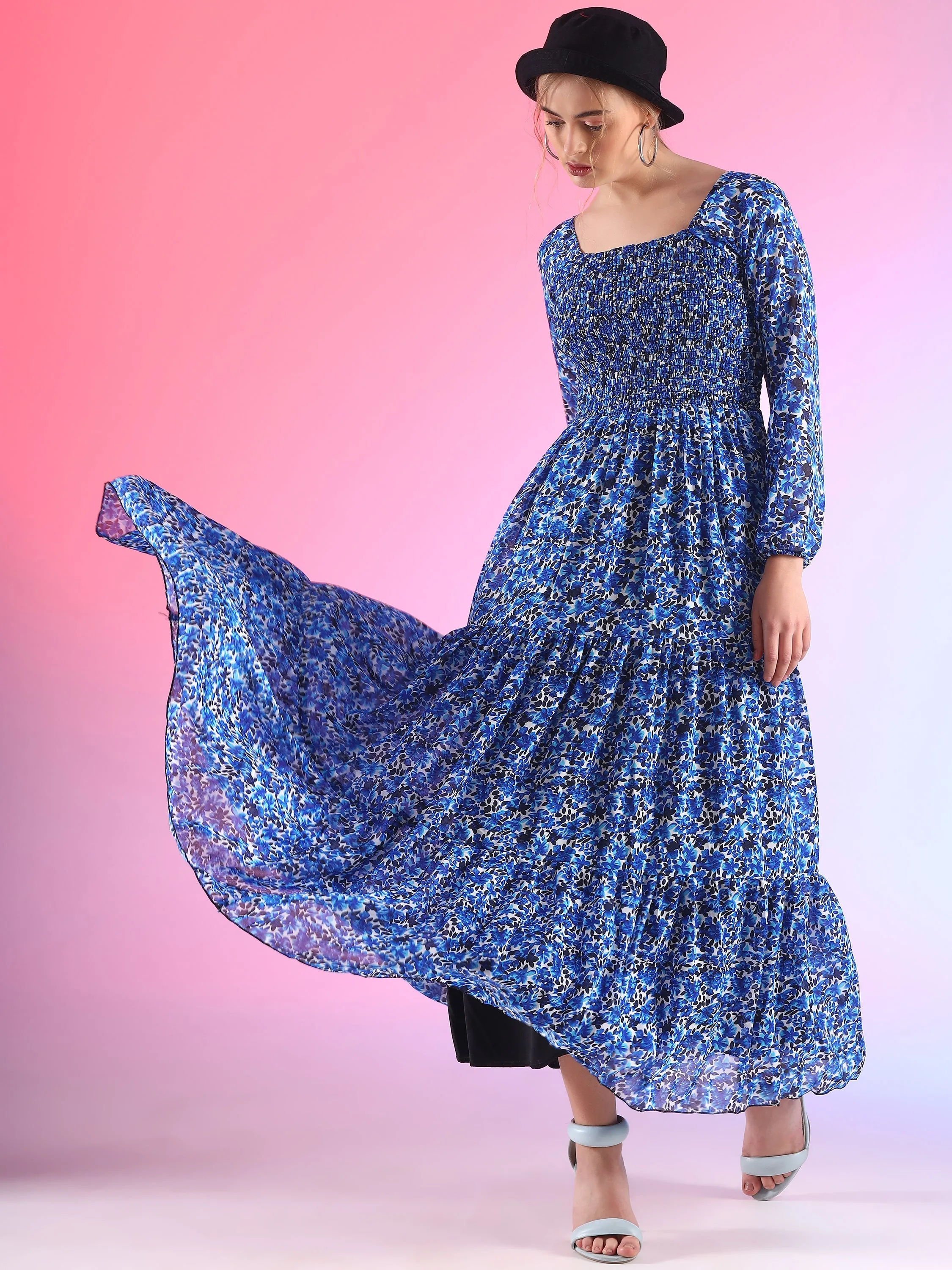 Elegant Floral Printed Georgette Fit and Flare Maxi Dress