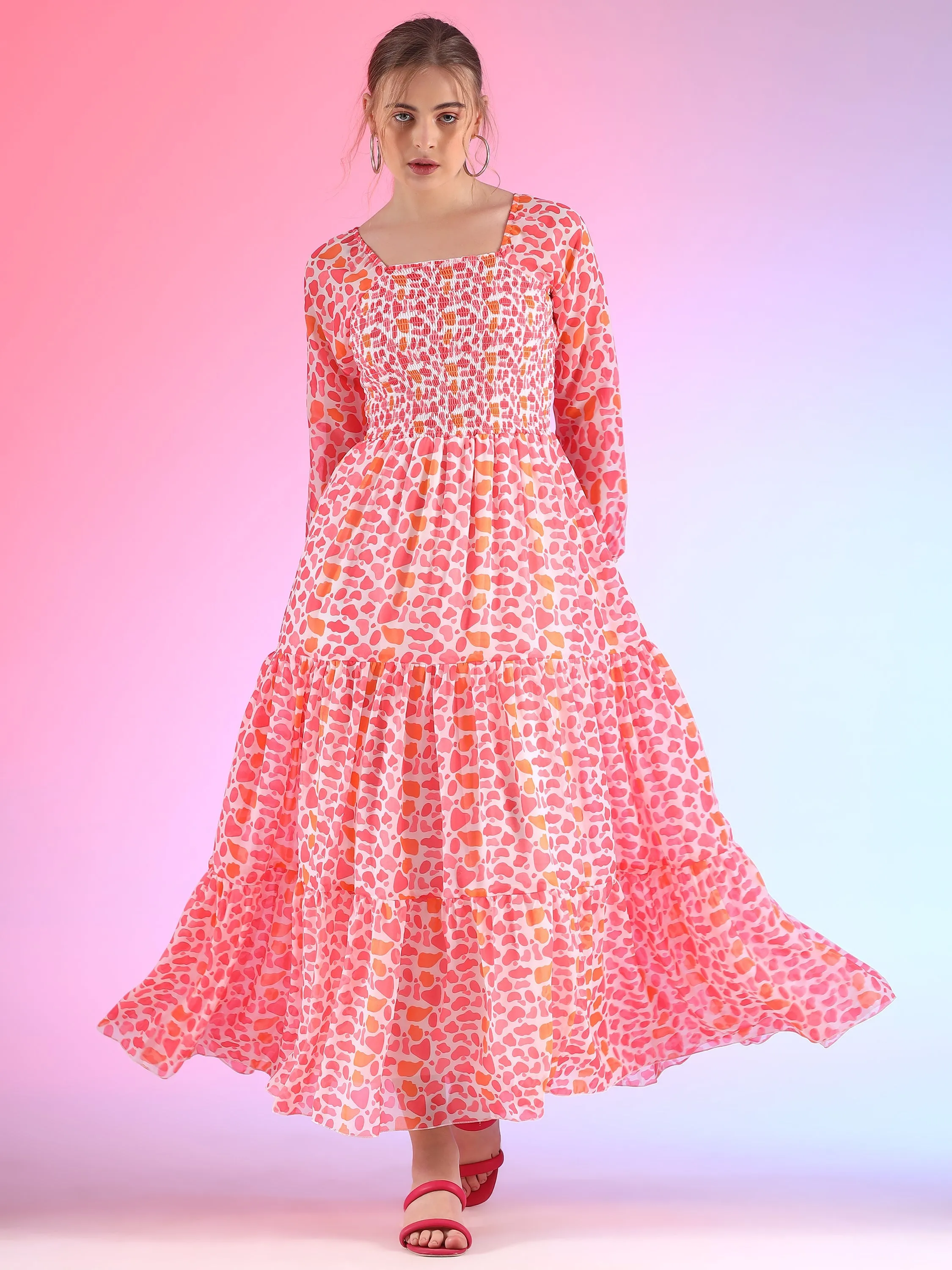 Elegant Floral Printed Georgette Fit and Flare Maxi Dress