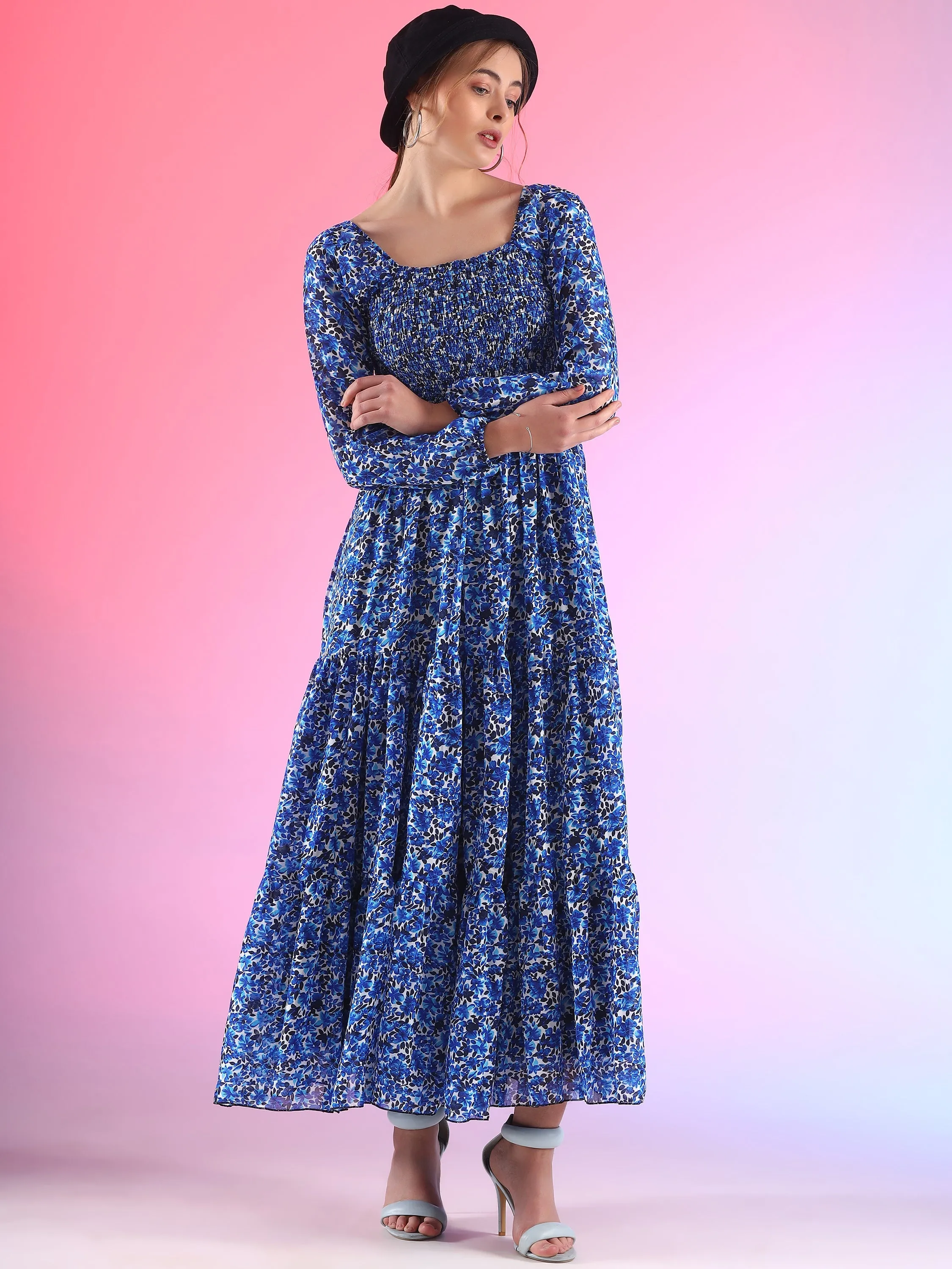 Elegant Floral Printed Georgette Fit and Flare Maxi Dress